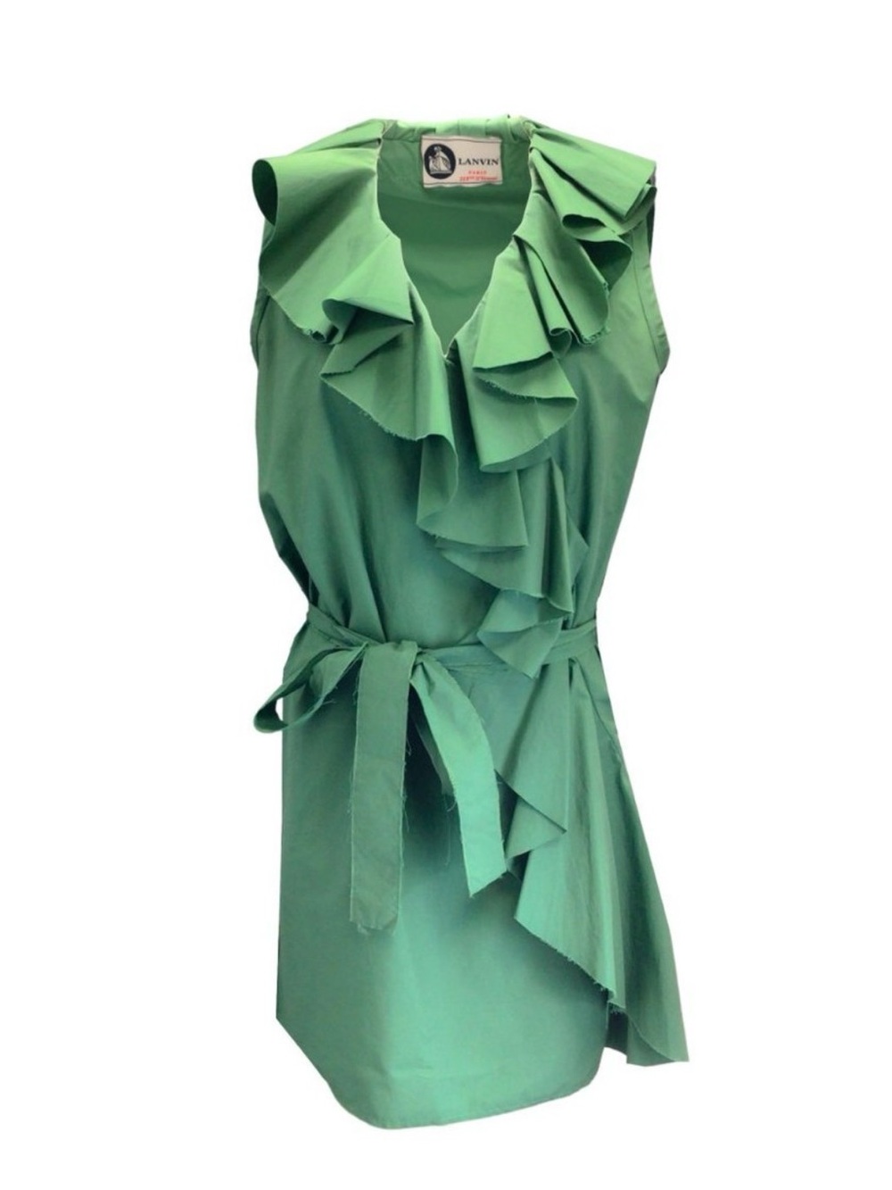 LANVIN GREEN BELTED RUFFLED SLEEVELESS
COTTON DRESS